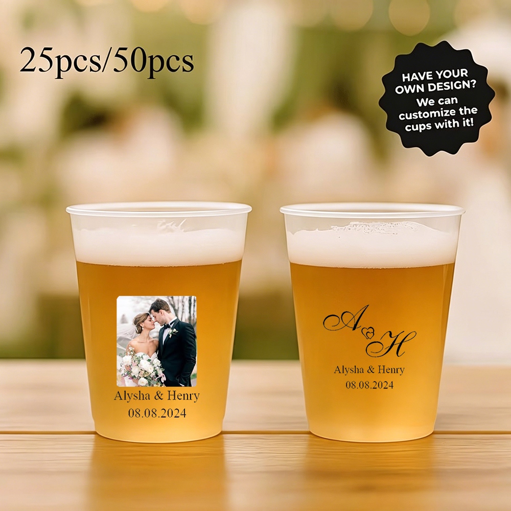 Wine Beer Photo - Custom Photo Name Wedding Plastic Cups
