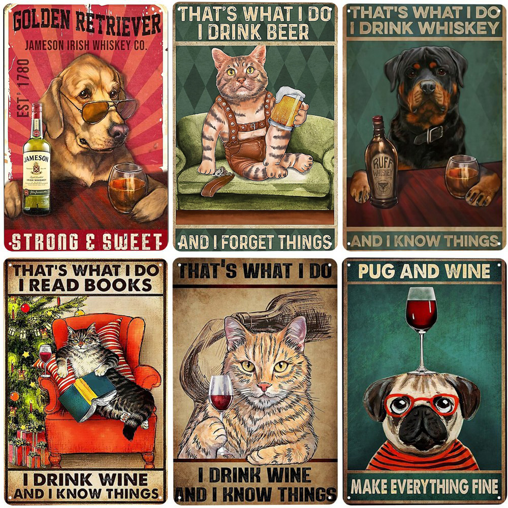 Beer Wine Gin - Cats and Wine Vintage Metal Sign